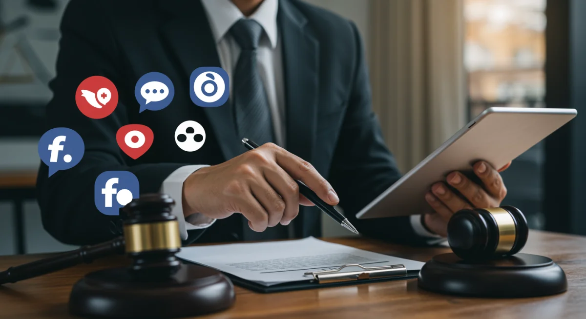 Advogado analisando um contrato de imagem com foco em cláusulas para mídias sociais e publicidade digital.