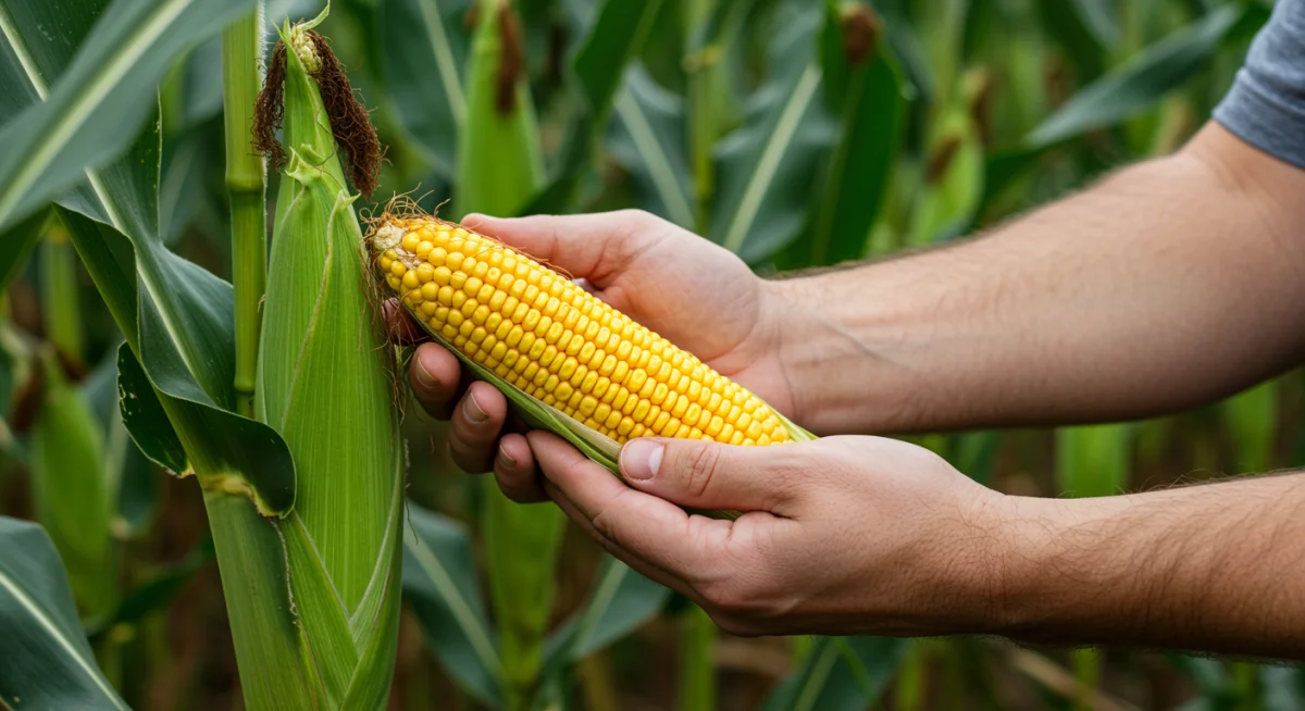 Mãos de agricultor inspecionando espigas de milho maduras e saudáveis em campo, representando o sucesso da safra e a inovação no agronegócio.