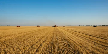 Vasta plantação de grãos dourados sob céu azul, com colheitadeiras modernas ao fundo, representando a safra recorde e o crescimento do agronegócio em 2025.