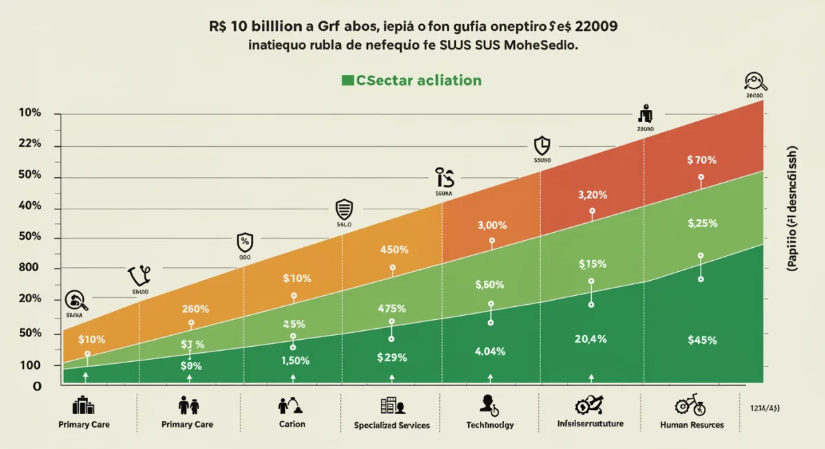 Gráfico detalhando a alocação dos R$ 10 bilhões de investimento no SUS, com categorias como atenção primária, serviços especializados e infraestrutura.