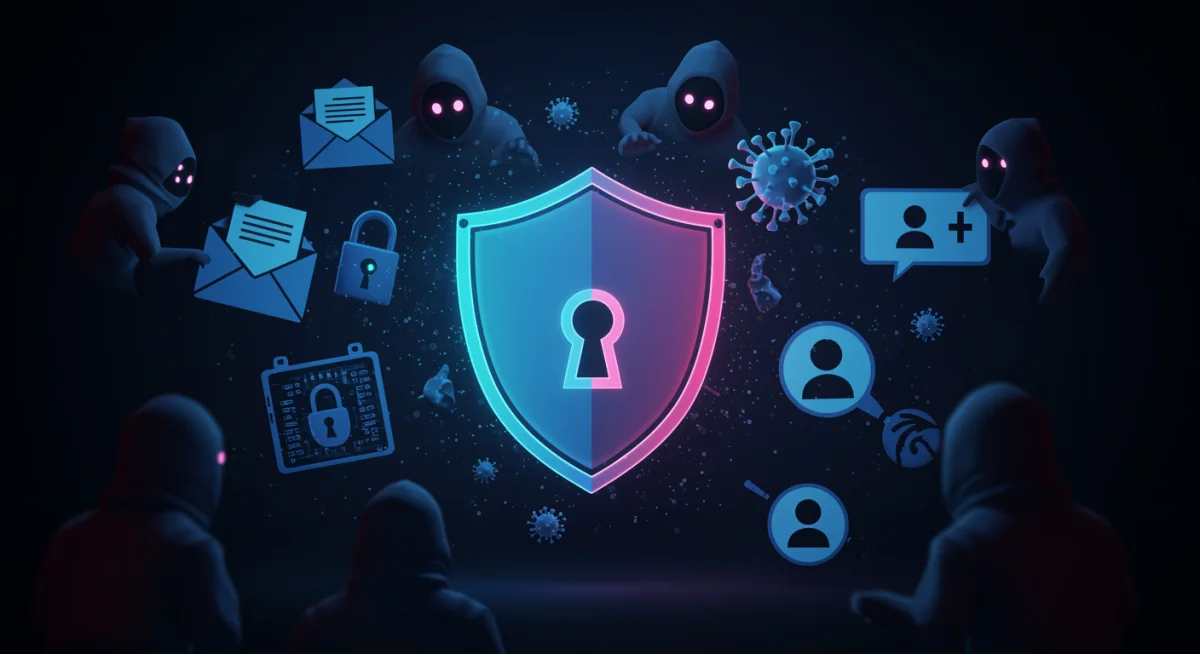 Ícones de ameaças digitais e um escudo simbolizando proteção contra crimes cibernéticos