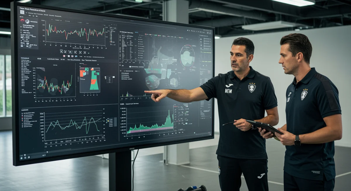 Treinador e cientista esportivo analisando dados de desempenho de atletas em tela interativa.