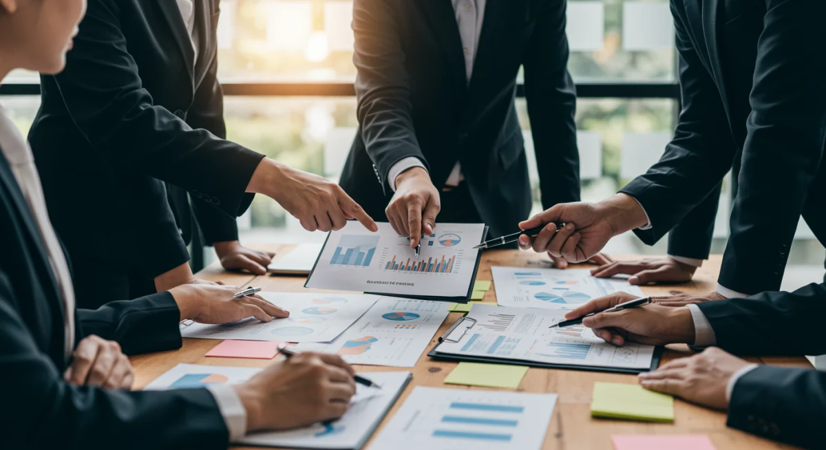 Profissionais de mercado imobiliário analisando gráficos e tendências em uma reunião, discutindo projeções.