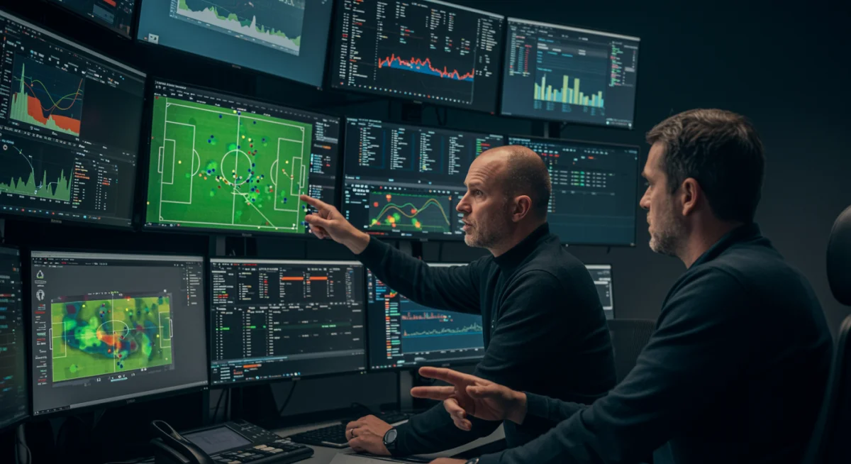 Analistas e treinadores examinando telas com dados complexos de desempenho de jogadores e táticas de jogo em um centro de análise de futebol.