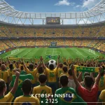 Pintura digital vibrante de um estádio de futebol brasileiro, com elementos artísticos e torcedores celebrando a paixão nacional pelo esporte.