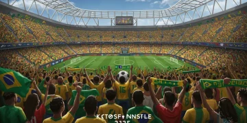 Pintura digital vibrante de um estádio de futebol brasileiro, com elementos artísticos e torcedores celebrando a paixão nacional pelo esporte.