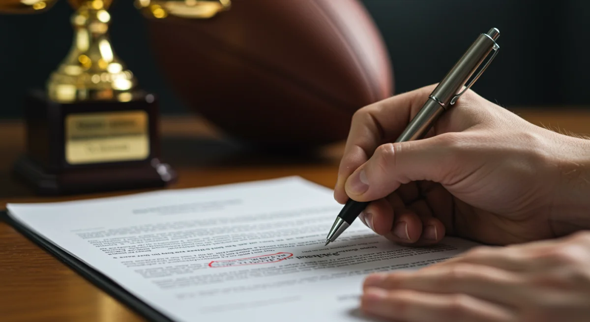 Mão de atleta assinando contrato complexo, destacando cláusulas importantes.