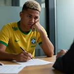 Jovem atleta brasileiro analisando contratos com expressão preocupada, com um agente ao fundo.