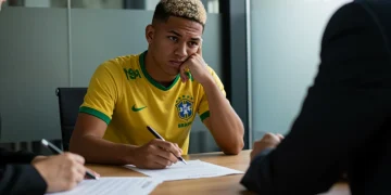 Jovem atleta brasileiro analisando contratos com expressão preocupada, com um agente ao fundo.