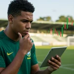 Atleta brasileiro analisando gráficos financeiros em tablet com campo de futebol ao fundo.