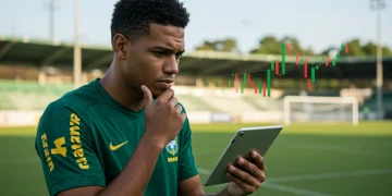 Atleta brasileiro analisando gráficos financeiros em tablet com campo de futebol ao fundo.
