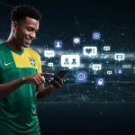 Atleta brasileiro interagindo com ícones de mídias sociais, representando contratos de imagem e publicidade digital em 2025.