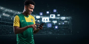 Atleta brasileiro interagindo com ícones de mídias sociais, representando contratos de imagem e publicidade digital em 2025.