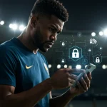 Atleta brasileiro focado em segurança digital com ícones de proteção cibernética ao fundo