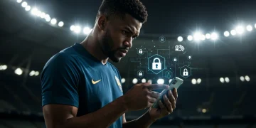 Atleta brasileiro focado em segurança digital com ícones de proteção cibernética ao fundo