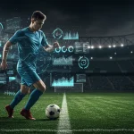 Atleta em campo com projeções holográficas de dados de desempenho, simbolizando a tecnologia na análise esportiva.