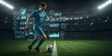 Atleta em campo com projeções holográficas de dados de desempenho, simbolizando a tecnologia na análise esportiva.