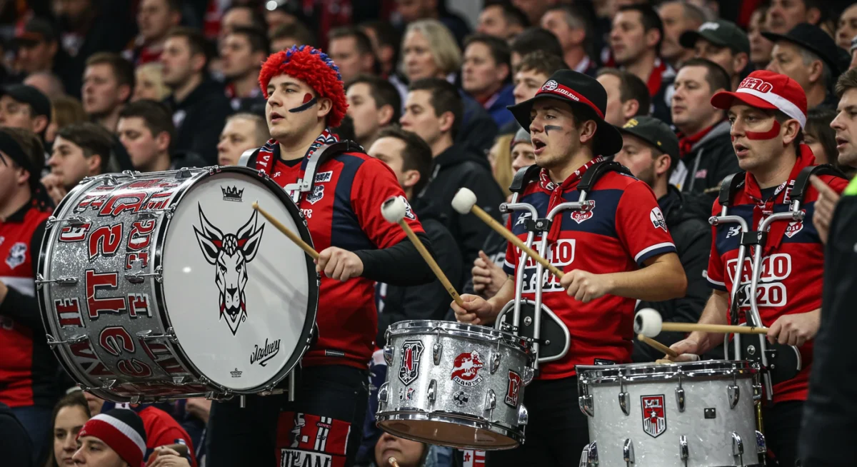 Ritmo contagiante de bateria de torcida organizada, com tambores e instrumentos marcando o som vibrante que ecoa pelo estádio, inflamando os torcedores.