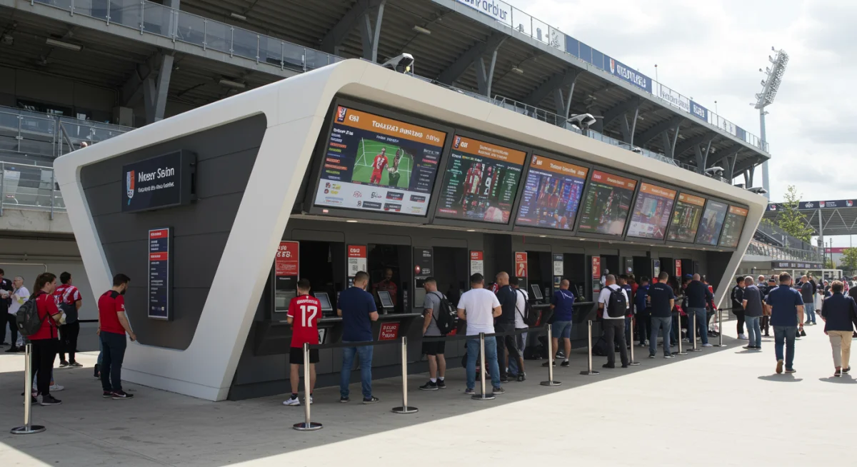 Bilheteria moderna de estádio de futebol, com telas digitais e torcedores em fila para comprar ingressos.
