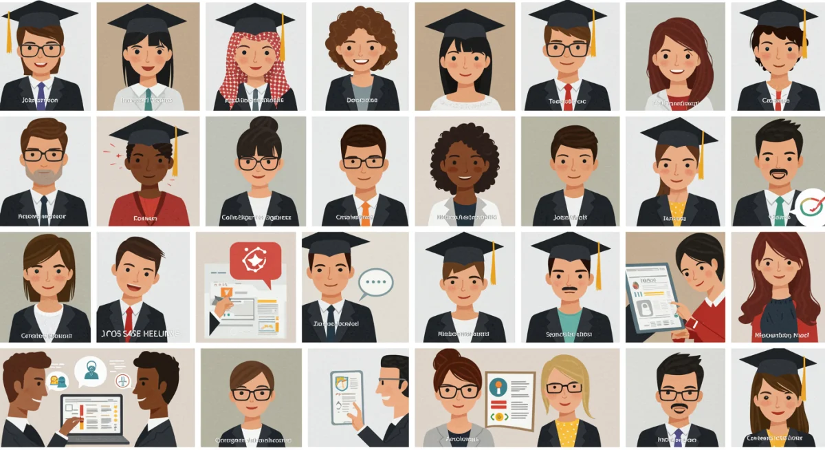 Pessoas buscando emprego ativamente em diferentes cenários, representando a dinâmica do mercado de trabalho.