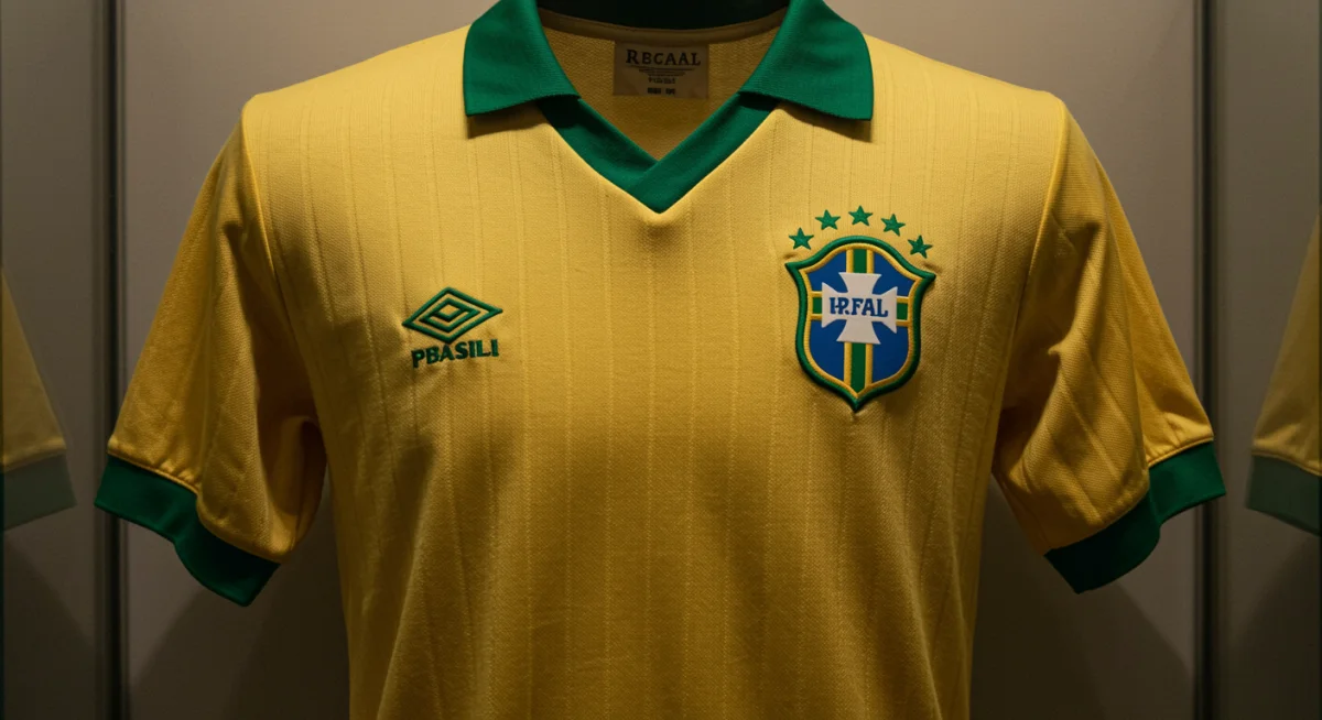 Camisa histórica da seleção brasileira em exposição, detalhe da textura e escudo
