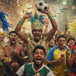 Pessoas fantasiadas de carnaval e com camisas de futebol celebrando juntas, em uma fusão vibrante de cores e alegria que simboliza a paixão brasileira.