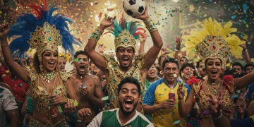 Pessoas fantasiadas de carnaval e com camisas de futebol celebrando juntas, em uma fusão vibrante de cores e alegria que simboliza a paixão brasileira.