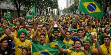 Torcedores brasileiros celebram título de futebol com festa e fogos de artifício