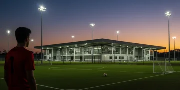 Um centro de treinamento de futebol moderno no Brasil ao pôr do sol, destacando a arquitetura avançada e campos iluminados, simbolizando o futuro e os investimentos em infraestrutura esportiva. Um jovem jogador observa a estrutura com esperança.