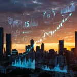 Tecnologia e Inovação 2025: Setores com R$ 15 Bilhões em Investimentos Cidade futurista iluminada por tecnologia, com gráficos de investimento digital e símbolos de inovação.