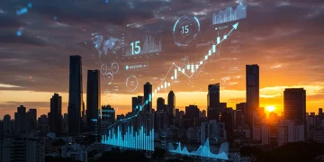 Cidade futurista iluminada por tecnologia, com gráficos de investimento digital e símbolos de inovação.