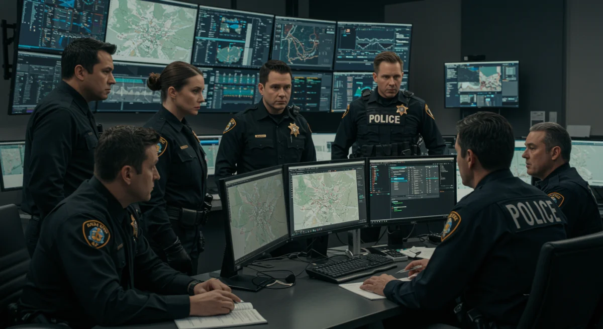 Oficiais de segurança pública de diversas agências colaborando em um centro de comando moderno, analisando dados de criminalidade em tempo real.