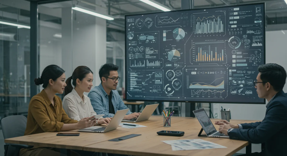 Profissionais colaborando em um escritório moderno com tecnologia avançada, discutindo projetos inovadores.