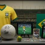 Coleção de itens de futebol brasileiro: camisa antiga, bola autografada, card raro e NFT em tablet