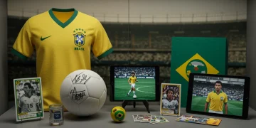Coleção de itens de futebol brasileiro: camisa antiga, bola autografada, card raro e NFT em tablet
