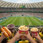 Culinária vibrante em estádio de futebol brasileiro, com torcedores desfrutando de cachorros-quentes, pipoca e açaí, em meio à energia do jogo.