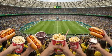 Culinária vibrante em estádio de futebol brasileiro, com torcedores desfrutando de cachorros-quentes, pipoca e açaí, em meio à energia do jogo.