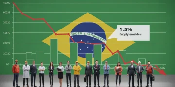 Gráfico mostrando a queda da taxa de desemprego no Brasil em 2024 e pessoas diversas com esperança.