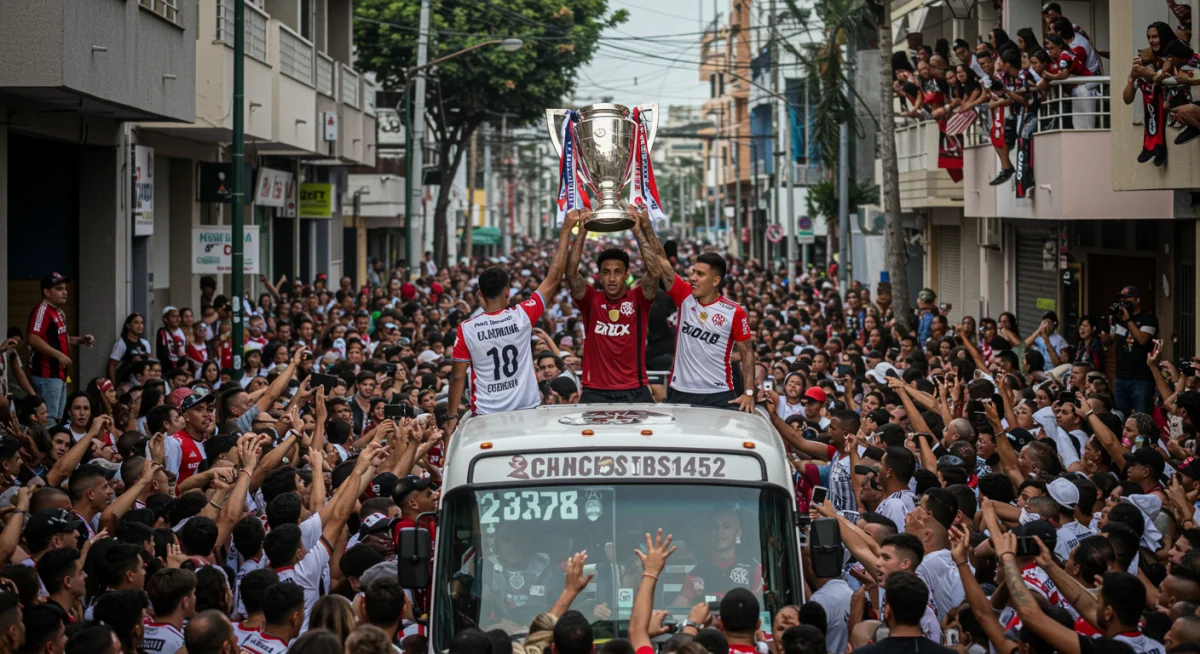 Ônibus de campeões em desfile com torcida em êxtase