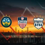 Gráfico financeiro com logos de clubes brasileiros e setas indicando redução de dívidas