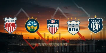 Gráfico financeiro com logos de clubes brasileiros e setas indicando redução de dívidas