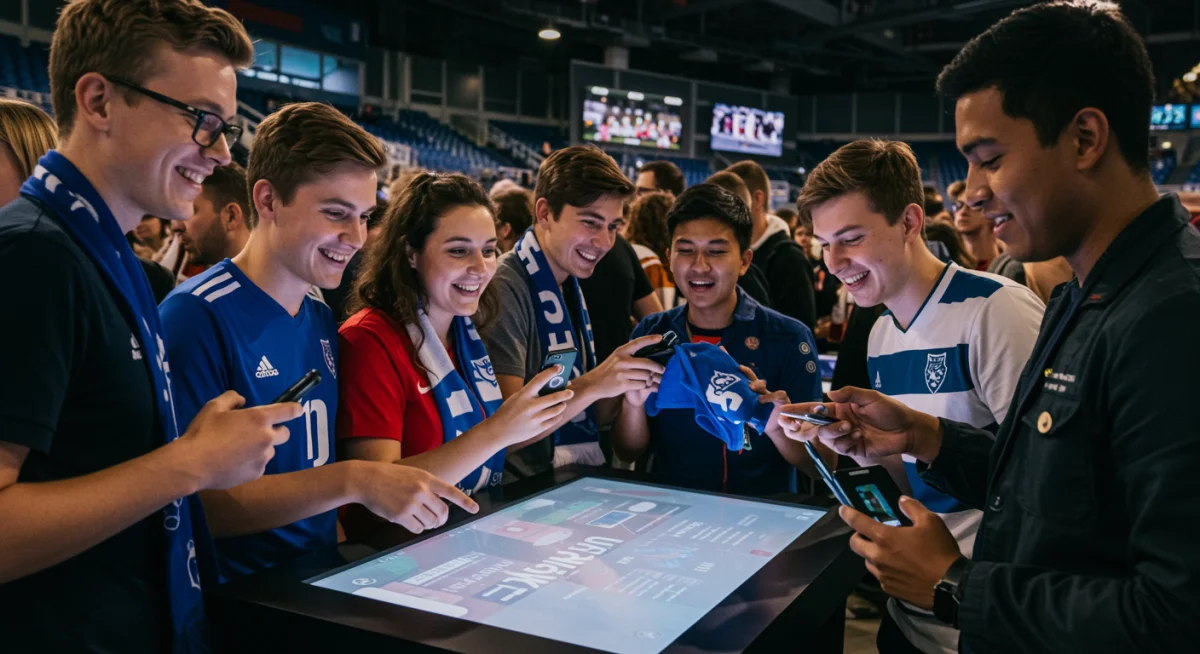Jovens torcedores interagindo com ativação de marca em estádio, demonstrando o engajamento como nova tendência em patrocínios esportivos.