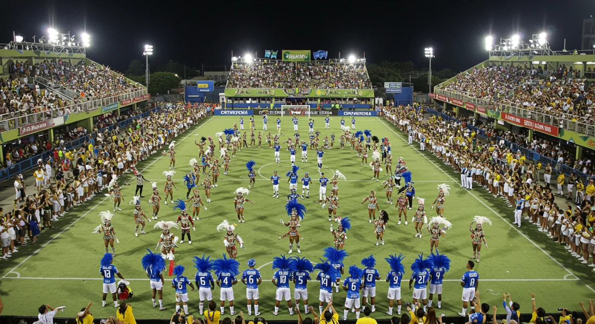 Coreografia elaborada de uma escola de samba, refletindo a precisão tática e o trabalho em equipe do futebol, com a multidão aplaudindo.