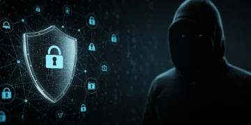 Escudo digital protegendo uma rede de dispositivos contra ameaças cibernéticas em 2025.