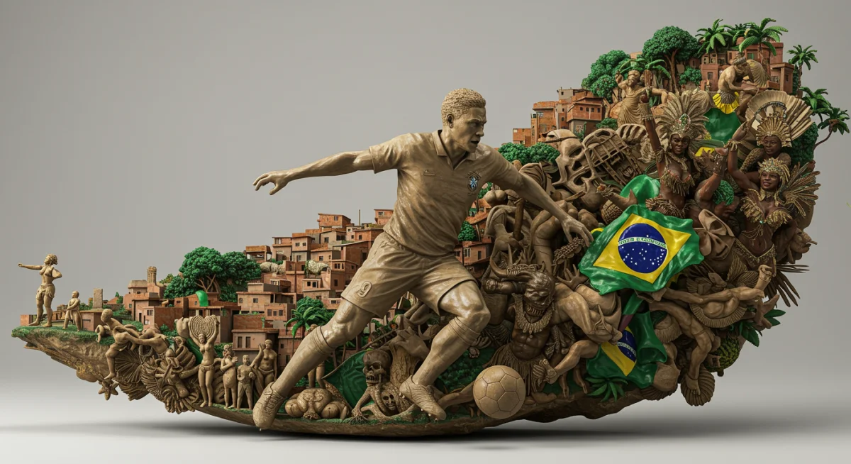 Escultura detalhada de um jogador de futebol em movimento, com elementos da cultura brasileira ao redor, simbolizando a união entre esporte e identidade nacional.