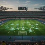 Esquemas táticos revolucionários em campo no Brasileirão 2024, com jogadores em formação estratégica e torcida vibrante.