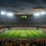 Previsões 2025: 4 times com 70% de chance de surpreender no Brasileirão Estádio de futebol lotado com luzes brilhantes, simbolizando a emoção das previsões para o Brasileirão 2025.