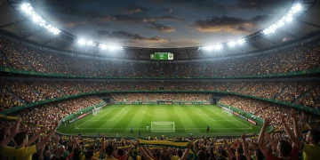 Estádio de futebol lotado com luzes brilhantes, simbolizando a emoção das previsões para o Brasileirão 2025.