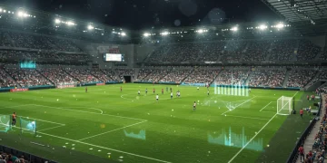 Visão aérea de um estádio de futebol com jogadores em campo, com elementos gráficos de dados e estatísticas avançadas sobrepostos, representando a análise de desempenho em clubes brasileiros.