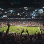 Estádio de futebol com torcida vibrante e gráficos financeiros digitais sobrepostos, simbolizando o impacto dos direitos de transmissão na receita dos clubes.